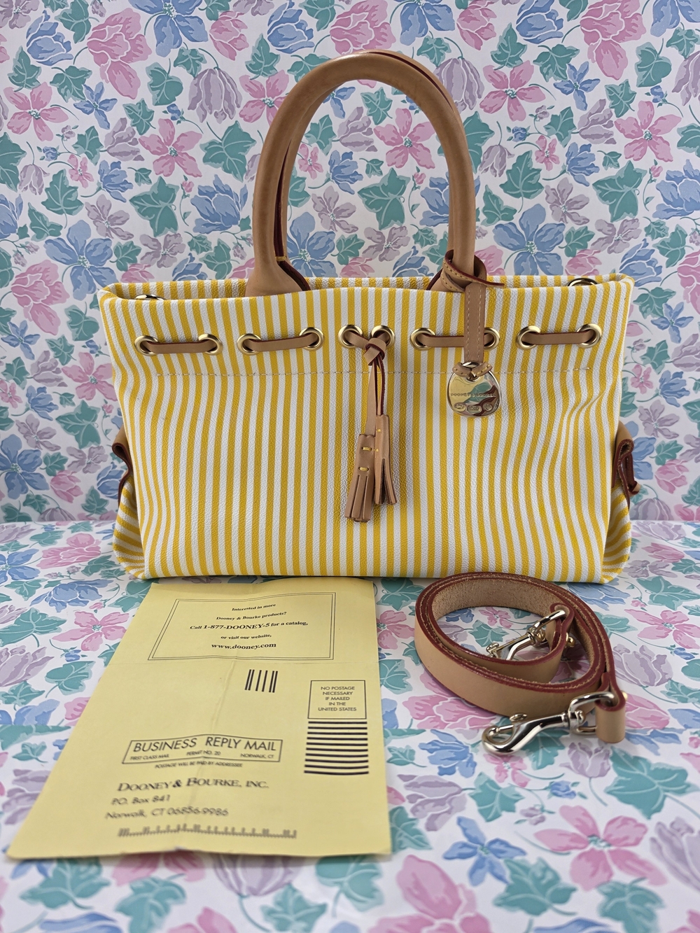 Dooney & Bourke Yellow and White Striped Canvas Tote with Tan Leather Trim